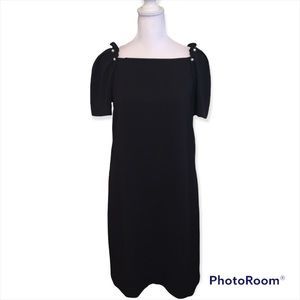Ann Taylor Black Sheath Dress Faux Pearl Accents at Ruffled Sleeves Size 0